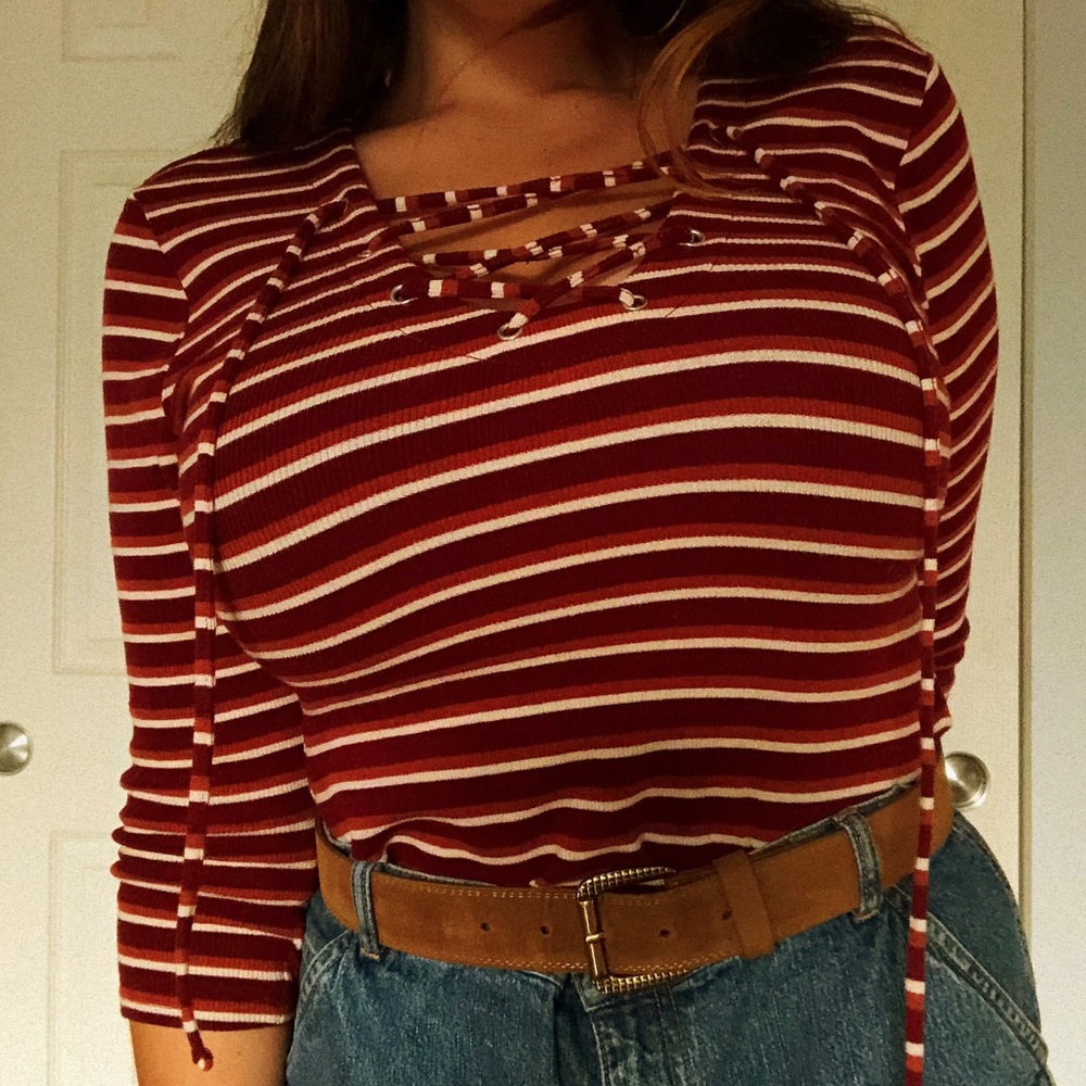 Hipster Striped & Laced V-Neck Tee
